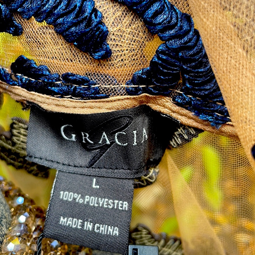 GRACIA SHEER & DARK BLUE EMBROIDERY 3/4 SLEEVE EVENING DUSTER - L - NWT !  💙🤎 - Picture 6 of 8